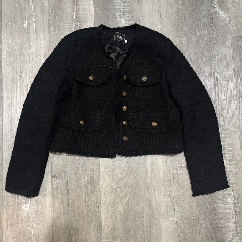 M&M Black Cropped Bouclé Blazer with Gold Buttons